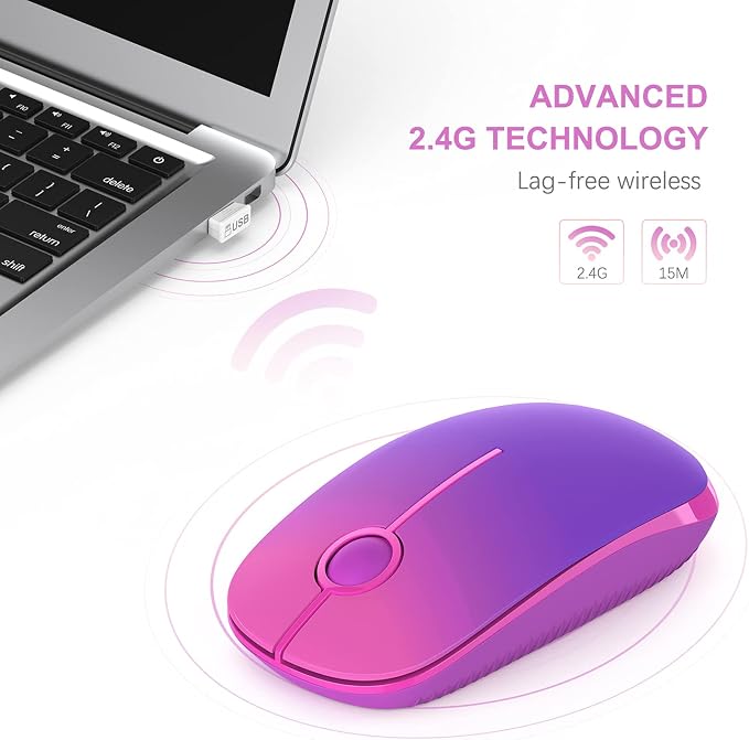 VssoPlor Wireless Mouse, 2.4G Slim Portable Computer Laptop Mouse with Nano Receiver Quiet Silent Optical Mice for Notebook, PC, Laptop, Computer-Gradient Purple