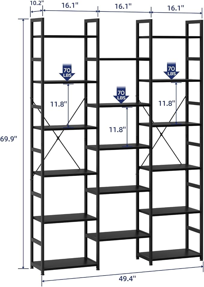 NUMENN Triple Column 6 Tier Bookshelf, Bookcase with 17 Open Display Shelves, Adjustable Rustic Industrial Style Book Shelves, Modern Bookshelves for Bedroom, Living Room and Home Office, Black