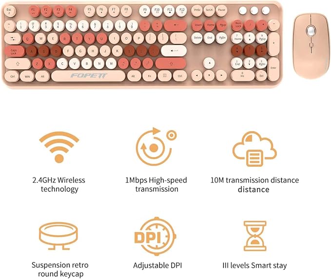 FD Wireless Keyboard and Mouse Combo | Cute Colorful Keyboard and Mouse with 2.4GHz Cordless Retro Typewriter Keyboard | Auto-Sleep | USB Receiver for Windows PC/Laptop - Creamy Colorful
