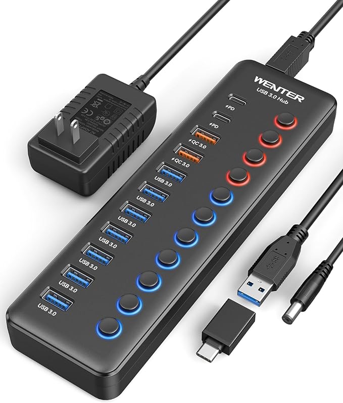 Powered USB 3.0 Hub, Wenter 48W 11-Port USB Hub Splitter (7 Faster Data Transfer Ports+ 4Pcs QC Charging Ports) with Individual LED On/Off Switches, USB Hub 3.0 Powered with Power Adapter