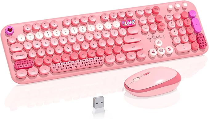 Wireless Keyboard Mouse,104 Full Size Cute Colorful Keyboard and Mouse with Retro Typewriter for PC/Mac/Laptop/Tablet/Computer/Windows/Microsoft, Pink