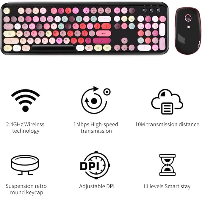 FOPETT Keyboard and Mouse Sets, Wireless, Reliable 2.4 GHz Connectivity for PC,Laptop,Smart TV and More (Black Colorful)