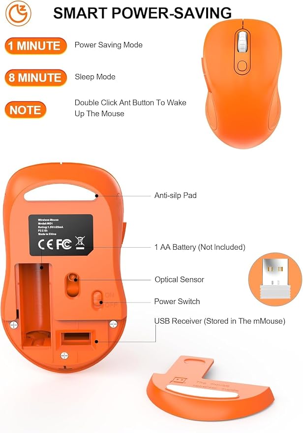 WisFox 2.4G Wireless Mouse for Laptop, Ergonomic Computer Mouse with USB Receiver and Type-C Adapter, 3 Adjustable Levels DPI, 6 Button Cordless Wireless Mice (Orange)