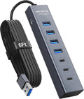 6Ft 7-Port USB Hub 3.0 for Desktop, 4 USB-A & 3 USB-C Ports Aluminium 5Gbps USB Extender Hub, USB Splitter, USB Hub Long Cable for Desktop, PC, Flash Drive, Mobile HDD SSD, Windows/XPS