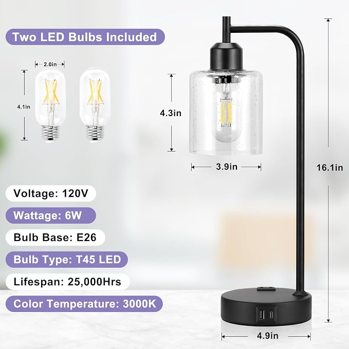 Industrial Touch Table Lamps for Bedrooms Set of 2 - 3-Way Dimmable Lamps with USB C+A Ports and Outlet, Black Bedside Lamps with Seeded Clear Glass Shade for Living Room, Desk Lamps for Home Office