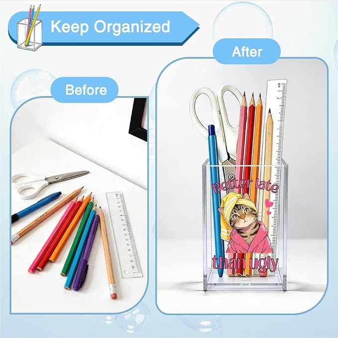 Better Late Than Ugly Acrylic Makeup Brush Organizer Holder, Cute Cat Desk Storage Organizer, Office Gifts for Coworker Boss Female, Self Affirmation Gifts for Cat Lover Friend Makeup Artist