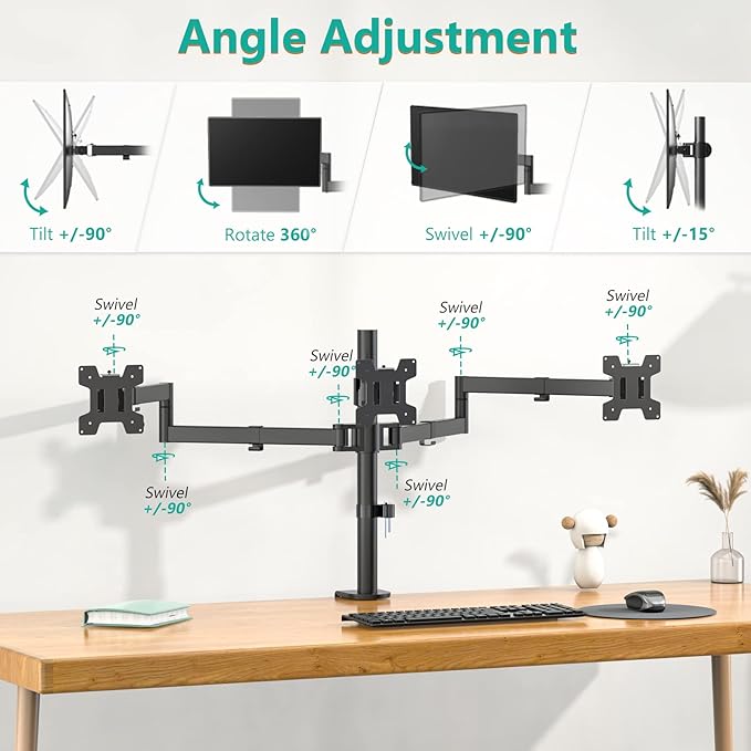 WALI Triple Monitor Mount, 3 Monitor Desk Mount for 13-27 inch Computer Screens, Holds up to 22 lbs, Triple Monitors Stand for Desk, with Tilt, Swivel, Rotation, VESA 75/100mm (M003S), Black