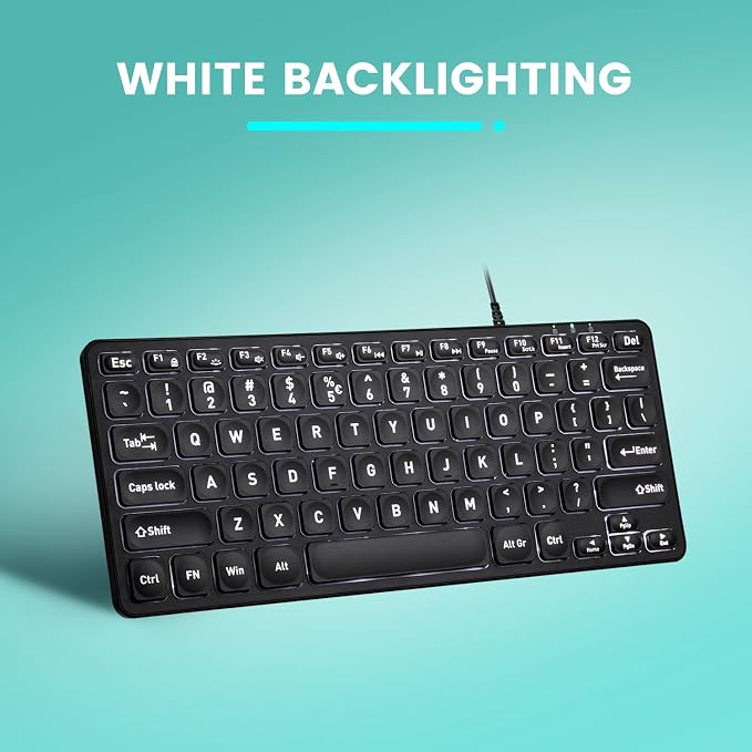 Perixx PERIBOARD-332 Wired Backlit USB Keyboard - Mini 11.22x4.57x0.83 Inches - Slim Scissor Keys with Big Font - White Illuminated LED - US English