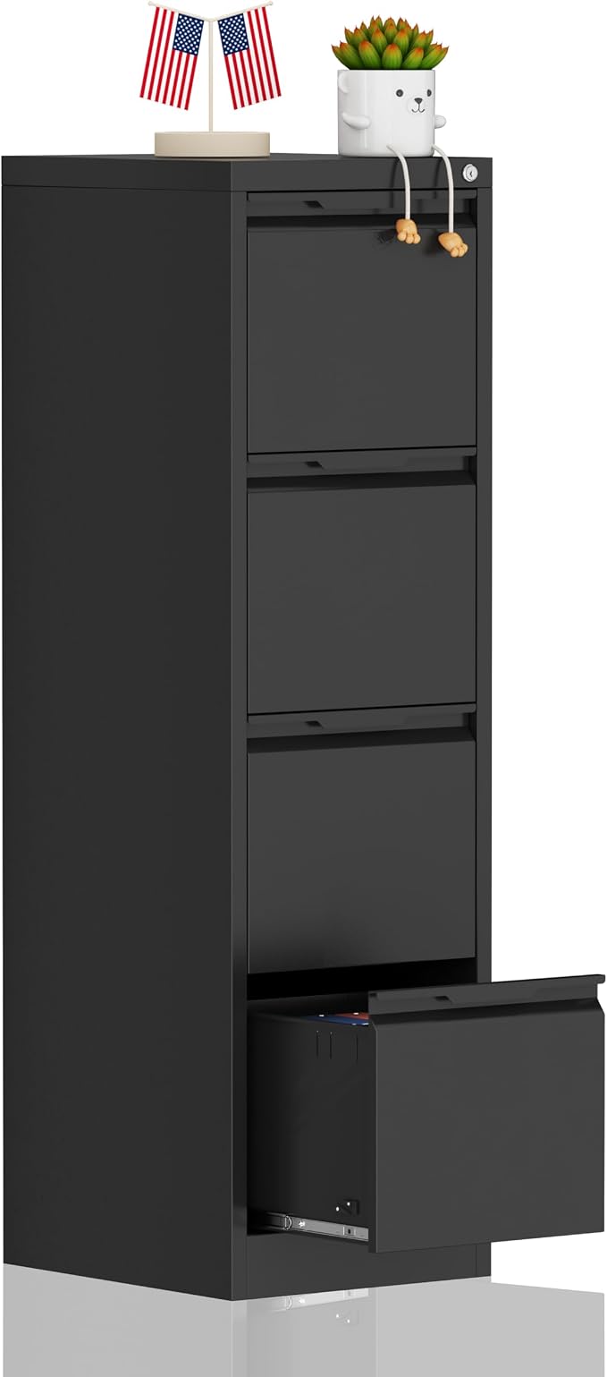 4-Drawer File Cabinet with Lock,Metal Vertical Filing Cabinets for Home Office,Under Desk File Cabinets for Letter/Legal/A4 Size Files,Easy Assemble,Black