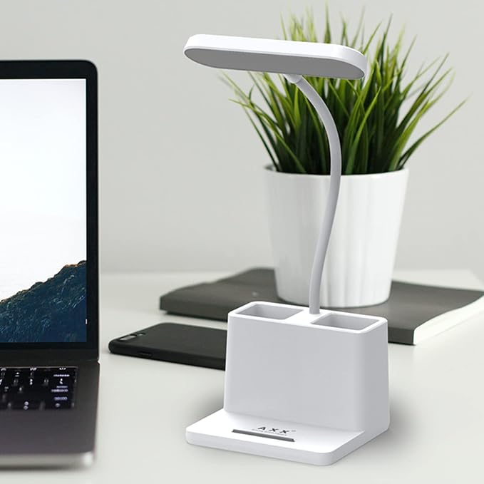 AXX Rechargeable Small Desk Lamp for Home Office Bedroom, Study Table Light for Kids Teens, White, LED, Pen Holder, Mini, Gooseneck, College Dorm Room Lighting for Computer Keyboard Desktop Task