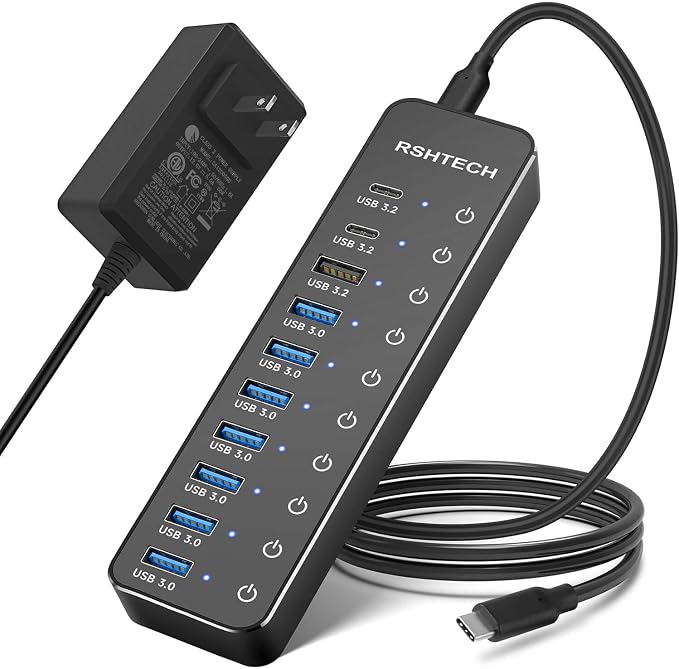 Powered USB Hub, RSHTECH 10-Port USB 3.2/USB C Hub 60W with 10Gbps USB-A 3.2, 2 USB-C 3.2, 7 USB 3.0 Ports, Individual Touch Switches and 3.3ft Cable, Hybrid USB Splitter for Laptop/PC, RSH-ST10C