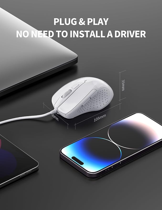 TECKNET USB Wired Mouse, 6-Button Corded Mouse with 4 Adjustable DPI, Optical Computer Mouse with Ergonomic Design and 5FT Cord for Laptop, Chromebook, PC, Desktop, Mac, Notebook-LT.White