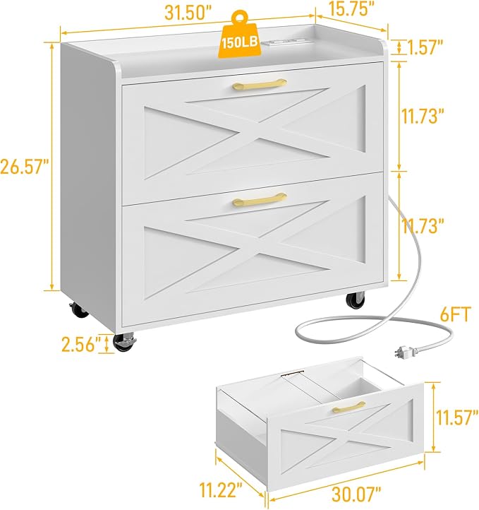 Lateral File Cabinet 2 Drawer Mobile File Cabinet with Charging Station for Legal/Letter/A4 Size Hanging Files, Modern Farmhouse Large Wood File Storage Cabinet for Home Office Furniture(Simple White)