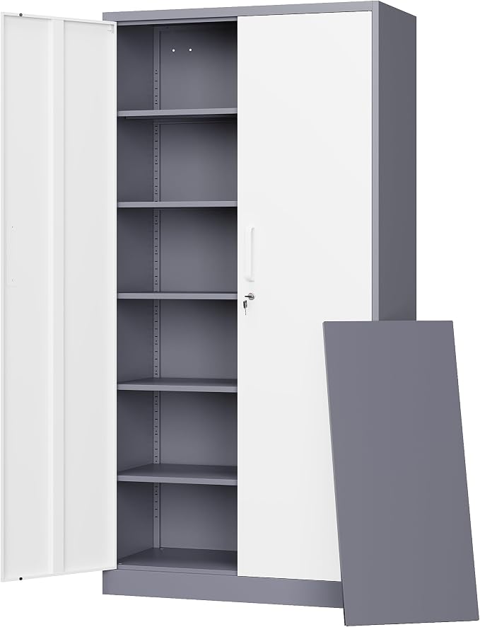 Letaya Metal Storage Cabinet with Lock Door and 5 Shelves,6 Tier Steel Garage Tool Cabinet for Home Office Utility Room 72" H X 36" W X18 D (White Gray)
