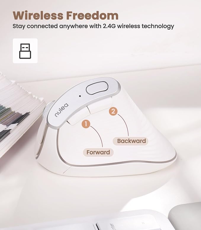 Nulea M510 Vertical Mouse Wireless, Ergonomic Mouse for Comfy Tracking, 3 Adjustable DPI (800-1200-1600), 2.4G Wireless Vertical Mouse with 6 Buttons, Compatible with Windows, Mac OS, Laptop, White