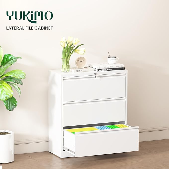 Lateral File Cabinet with Lock, 3 Drawer Metal File Cabinets for Home Office, Large Filing Storage Cabinet Printer Stand, Steel Wide File Cabinet for Legal/A4/F4/Letter Size Files, White