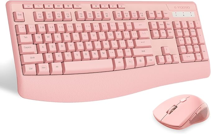 Wireless Keyboard and Mouse Combo, E-YOOSO 2.4GHz Full Sized Ergonomic Wireless Keyboard with Wrist Rest, 3 DPI Adjustable and 6 Buttons Cordless USB Mouse for Computer, Laptop, PC, Windows (Pink)