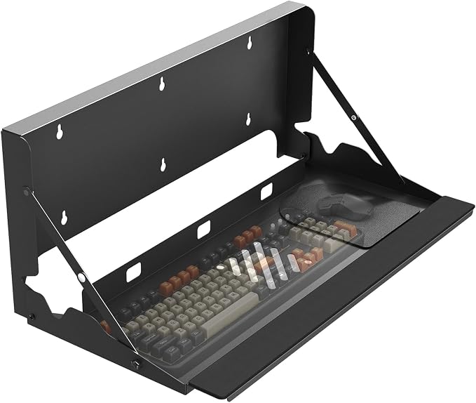 Flip Down Keyboard Tray Wall-Mount - 24 Inch Computer Keyboard and Mouse Platform Tray, Space Saving Design, Mouse Pad and Wrist Pad Included, Holds Up to 22 lbs, Black