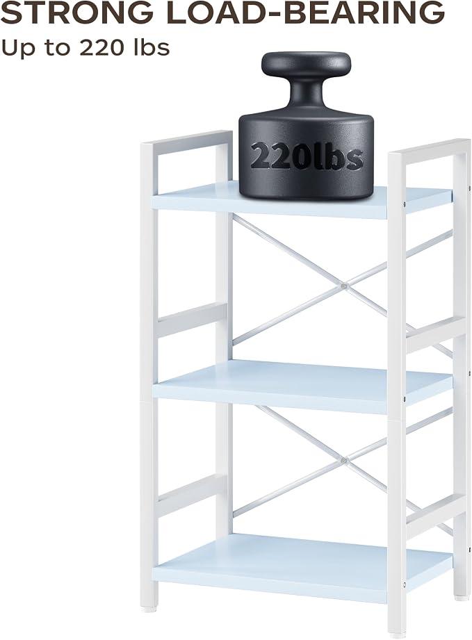 Homeiju Bookshelf, 3 Tier Industrial Bookcase, Metal Small Bookcase, Rustic Etagere Book Shelf Storage Organizer for Living Room, Bedroom, and Home Office(Blue) Patent Pending D29873033