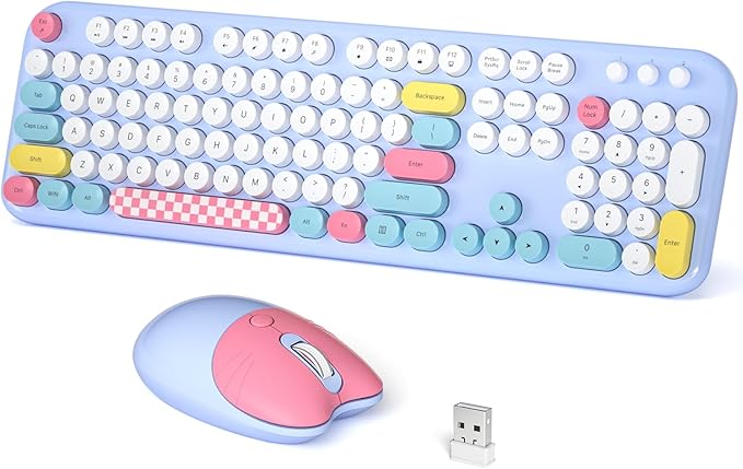 Wireless Keyboard and Mouse Combo, Meidosa 2.4GHz Colorful Full-Size Retro Typewriter Keyboard with Cat Shape 3 Level Adjustable Optical Mouse for PC/Desktop/Laptop/Windows (Pale Blue Colorful)