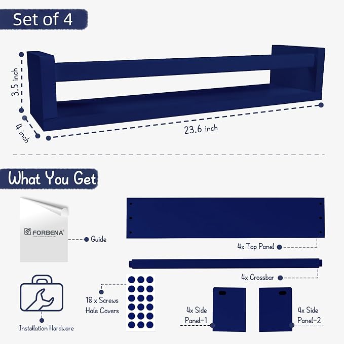 Forbena Wall Book Shelf Organizer for Kids Room Set of 4, Large Floating Book Shelves for Boy Nursery Wall Deocr, 24 Inches Wall Mount Bookshelf for Toddler Child Teen Boys Bedroom (Navy Blue)