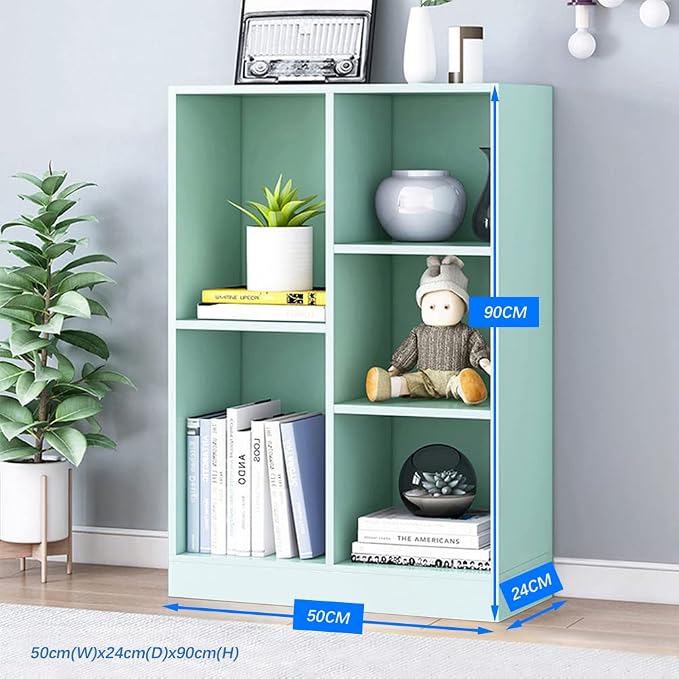 IOTXY Open Shelf Low Bookcase - Wooden 3-Tier Floor Standing Display Cabinet Organizer with Base, 5 Cubes Short Horizontal Bookshelf in Tiffany-Green