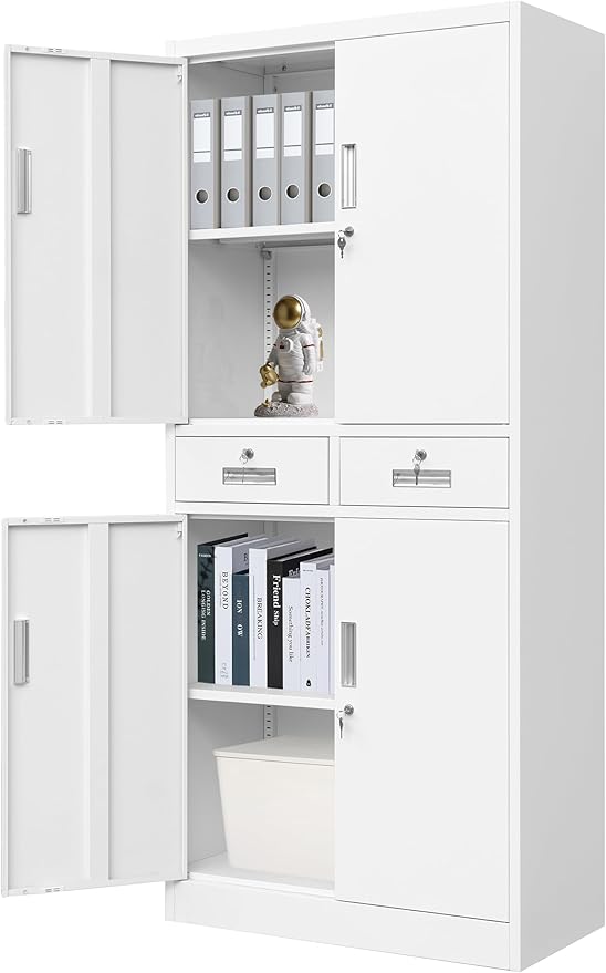 CMY Metal Storage Cabinet, 71" H x 32" W x 16" D Locking Cabinet with Adjustable Shelves and 2 Drawers, Steel Storage Cabinet for Office, Garage, Home, School, Utility Room-White