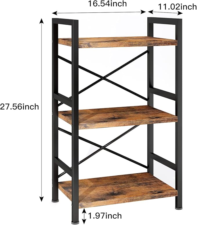 Homeiju Bookshelf, 3 Tier Industrial Bookcase, Metal Small Bookcase, Rustic Etagere Book Shelf Storage Organizer for Living Room, Bedroom, and Home Office(Rustic Brown) Patent Pending D29873033