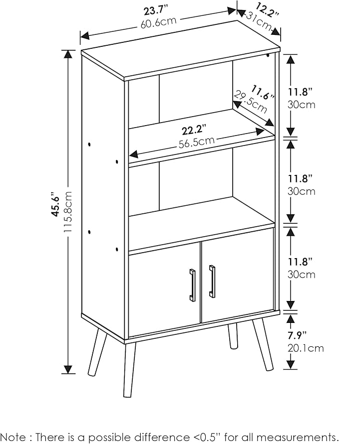 Furinno Claude Mid Century Style Accent Wooden Leg Bookcase Cabinet with Storage Organizer Shelves, Espresso