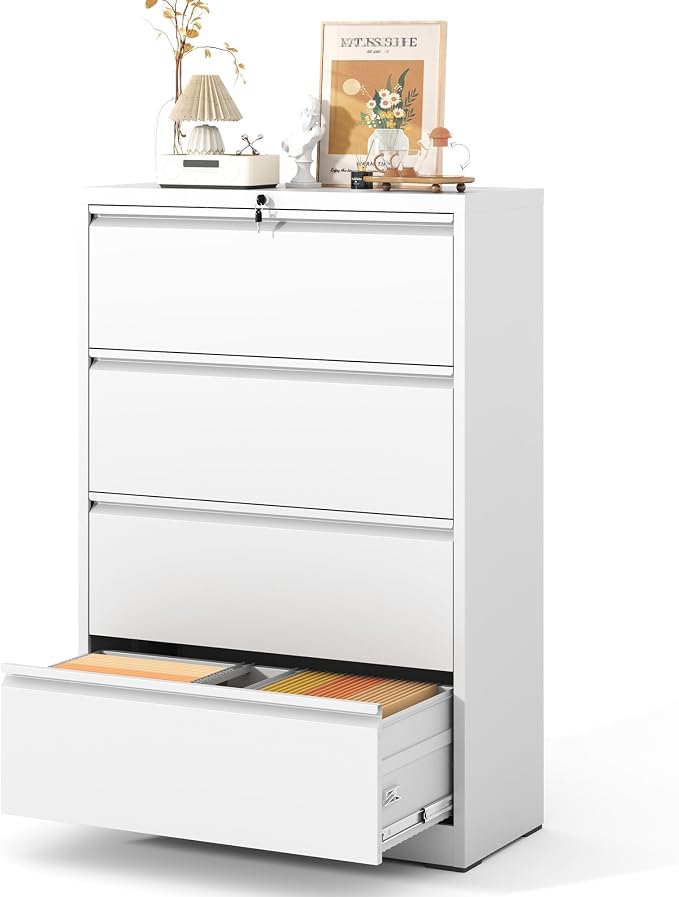 4 Drawer Lateral File Cabinet with Lock, Metal Lateral Filing Cabinet for Home Office, Steel Wide Horizontal Filing Cabinets for Letter/Legal/A4/F4 Hanging Files (White)