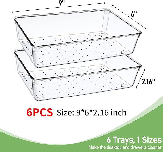 6 Pack Drawer Organizers, Plastic Clear Acrylic Non Slip Non Cracking kitchen drawer organizer Stackable Bathroom Drawer Organizer Trays, Storage Bins for Makeup, Bathroom, Kitchen Office