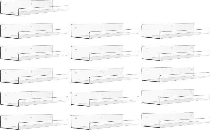 upsimples 16 Pack Acrylic Shelves for Wall Storage, 15" Floating Bookshelves for Kids, Display Shelf Organizer for Bathroom, Bedroom, Living Room, Kitchen, Room Decor, Clear