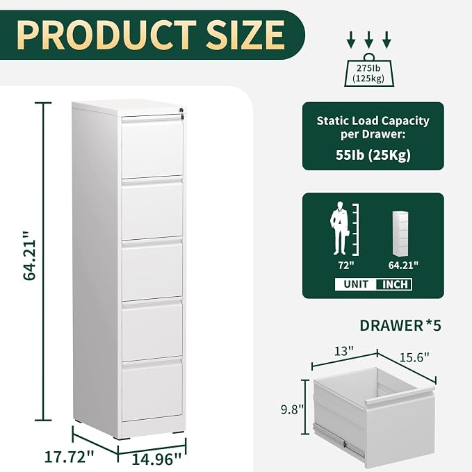 5 Drawer File Cabinet with Lock, Metal Vertical File Cabinets for Home Office, Office Furniture for Organization Hanging Legal/Letter/A4, Office File Cabinet Storage Cabinet, Require Assembly, White