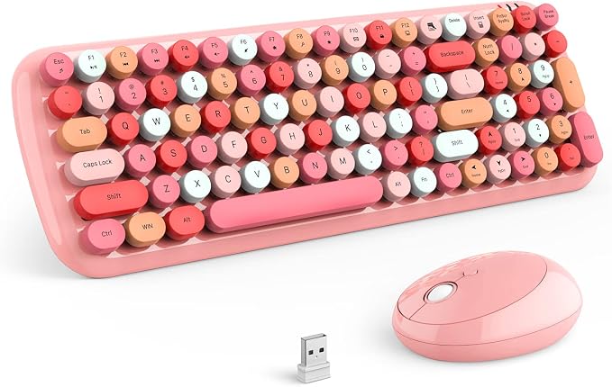MOFII Wireless Keyboard and Mouse Combo, 2.4GHz Retro Typewriter Keyboard and Cute Mouse for Computer PC Desktops Laptop Windows(Pink Mix)