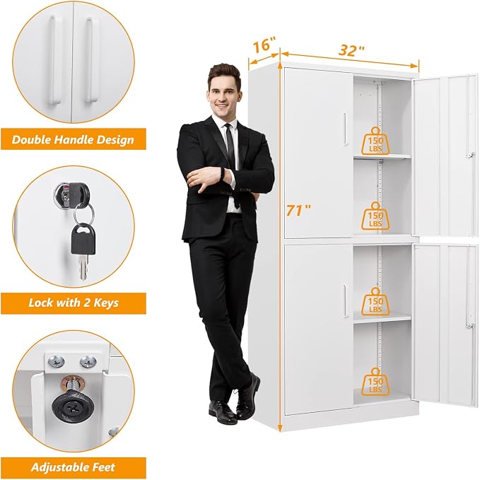 STANI Metal Storage Cabinet, Locking Steel Cabinet With 4 Doors and 2 Adjustable Shelves, 71" Lockable File Cabinet for Home Office, Garage, School (White)