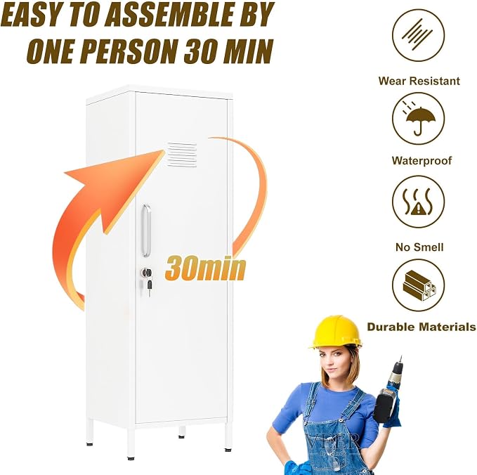 Metal Locker Cabinet, 47"H Home Office Storage Lockers, Vertical Steel Storage Cabinet with Locking Door and 3 Adjustable Shelves, Garage Tool File Cabinets for Home Office,Garage,Bathroom, White