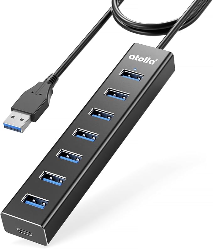 atolla Aluminum 7-Port USB 3.0 Hub with 1m Extension Cable - 5Gbps High-Speed Data Transfer for MacBook Pro, Laptop, PC, Gaming Setup