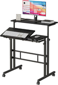 VECELO Mobile Small Standing Desk Adjustable Height, Computer Workstations with Tiltable Tabletop, Lockable Wheels, Portable Rolling Laptop Desk for Home Office, Black