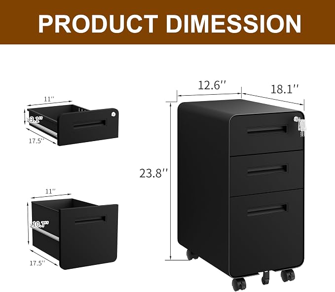 3 Drawer File Cabinet with Lock and 4 Keys, Mobile Metal Filing Cabinet, File Cabinets for Home Office, Under Desk, Pre-Assembly, File Drawer, Letter/Legal/A4 Hanging File Folders