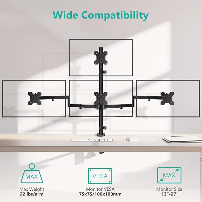 WALI Quad Monitor Mount for 13-27 Inch Screens, Fully Adjustable 4 Monitor Stand with Swivel, Tilt, Rotation, Clamp & Grommet Base Kit, Max Load 22lbs per Screen (M004S), Black