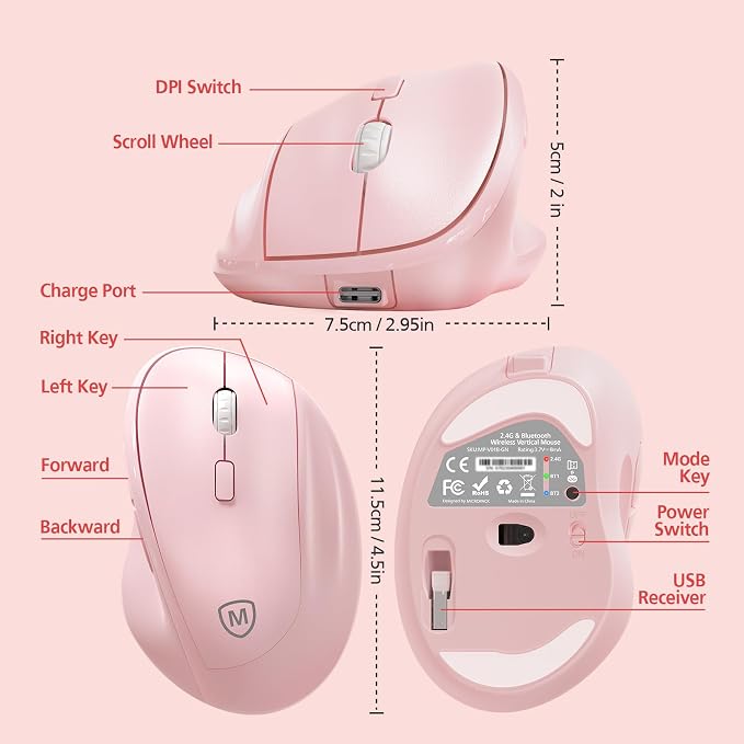 Micropack Wireless Bluetooth Mouse Ergonomic Vertical for Laptop MacBook PC Tablet Rechargeable Silent Click Multi-Device 3-Mode 2.4G Adjustable DPI Compatible with Windows Android iOS MacOS Pink