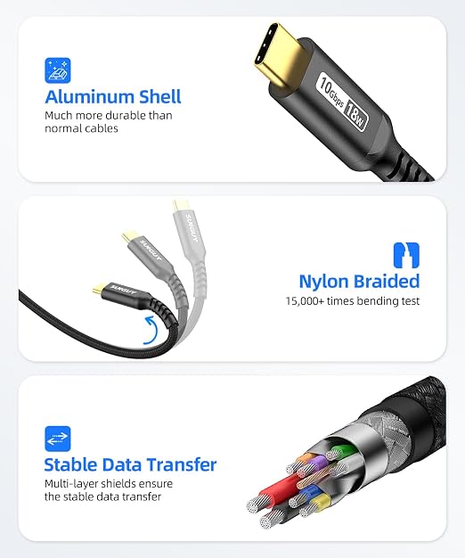 SUNGUY 10Gbps Android Auto USB C Cable, [2-Pack,1.5FT] 3A USB 3.1 Gen 2 Fast Charge & Data Transfer USB C CarPlay Cable, Compatible with iPhone 17/16/15 Pro Max, Galaxy S23 S22 Ultra Note 20, SSD