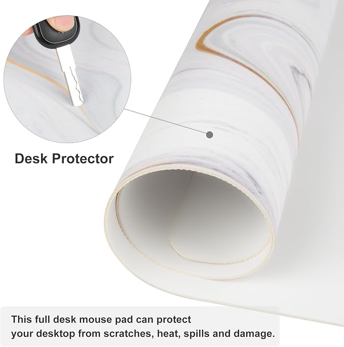 QIYI White Mouse Pad, Cute Marble Large Desk Mat, PU Leather Desk Protector Mousepad, Gold Grey Striped Waterproof Computer Keyboard Gaming Mouse Pads, Non Slip Extended Writing Pad 31.5" x 15.7"