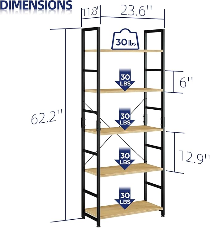 NUMENN 5 Tier Bookshelf, Tall Bookcase Shelf Storage Organizer, Modern Book Shelf for Bedroom, Living Room and Home Office, Natural