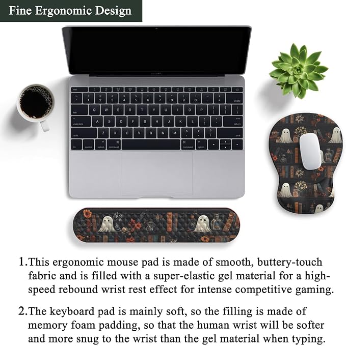 Ghost Book Mousepad with Wrist Rest Halloween Computer Keyboard Mouse Pad Black Cute, Mouse Pad with Wrist Rest for Computer Keyboard, 2 In1 Mousepad with Wrist Support Easy Typing&Relieve Wrist Pai