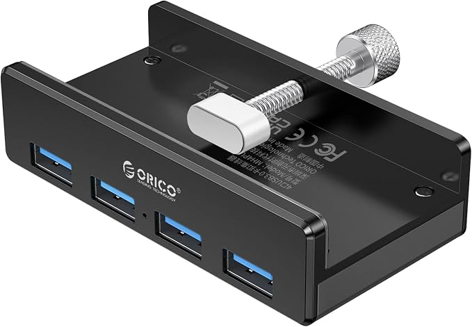 ORICO USB 3.0 Hub, USB Hub Clamp, Aluminum 4-Port USB Splitter with 4.92 FT USB Data Cable, Desktop Powered USB Hub for Monitors/Desks-Black (Without Power Adapter)