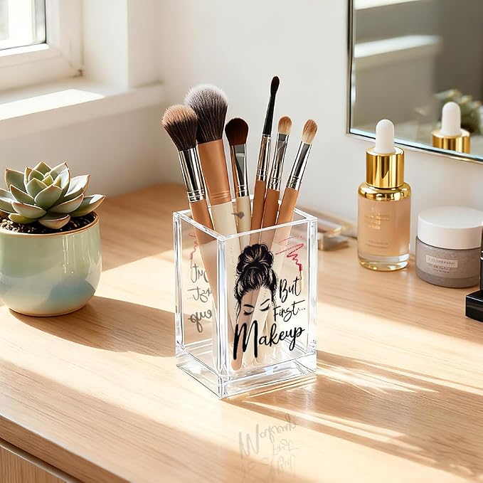But First Makeup Acrylic Cosmetic Holder, Funny Makeup Brush Holder Gifts for Cosmetologist Women Girls, Bathroom Vanity Storage for Make up Brushes, Birthday Gifts for Daughter Niece Sister