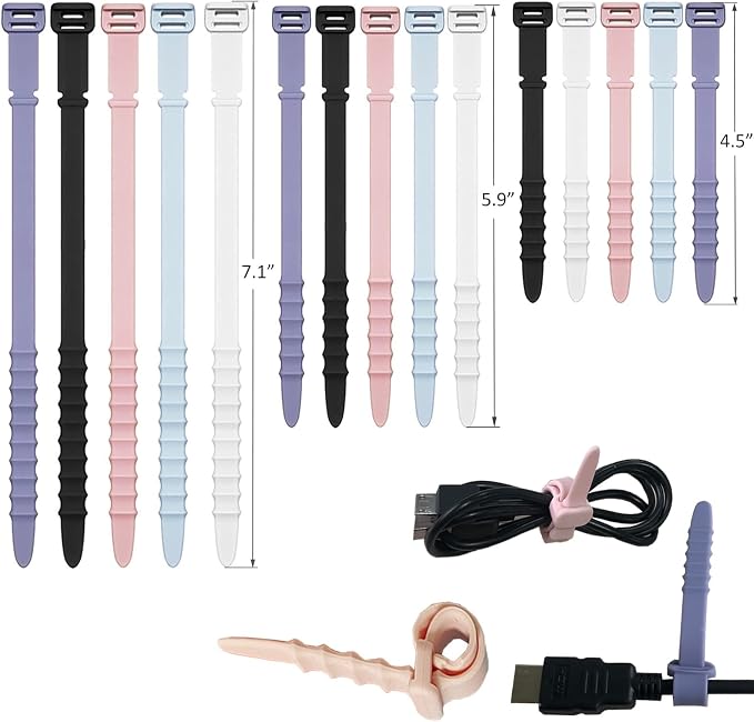 Silicone Zip Ties, Reusable Zip Ties, Rubber Cable Ties Straps for Wire Management, Elastic Silicone Ties Cable Organizer for Home Office, Cord Ties Three Sizes 4.5" 5.9" and 7.1"(5+5+5Pcs Multicolor)