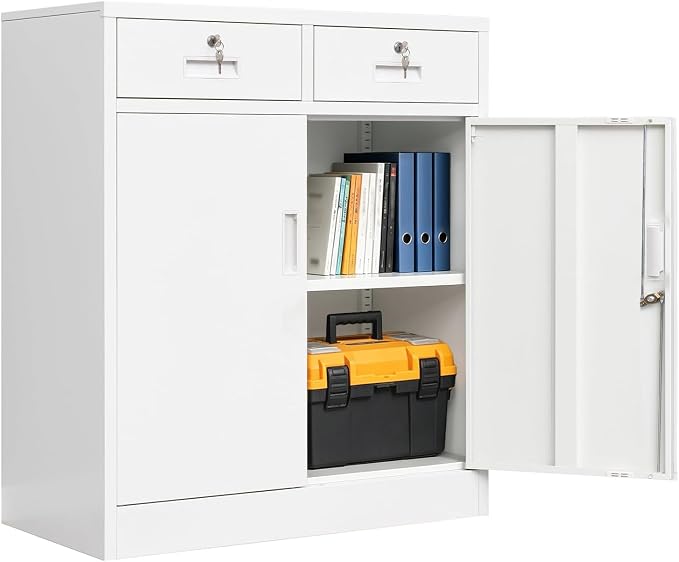 CJF Metal Storage Cabinet, Locking Storage Cabinet with Doors and 2 Drawers, Metal Cabinets for Office/Home/Garage 36" H x 32" W x 16" D (White)