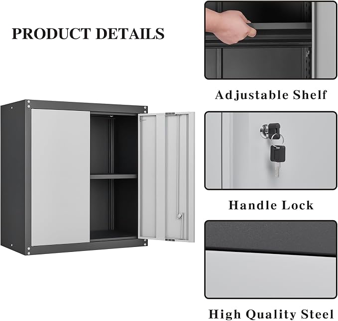GREATMEET Lockable Storage Cabinet, Metal Garage Storage Cabinets, Metal Wall Cabinet for Garage, Wall Mount Cabinet with Lock and Adjustable Shelf, Floating, Black&Grey